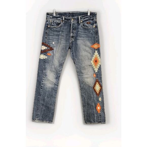 Ralph Lauren Denim & Supply Pants Jeans Distressed Aztec 34/30 Embroidered Rare! - Picture 1 of 16